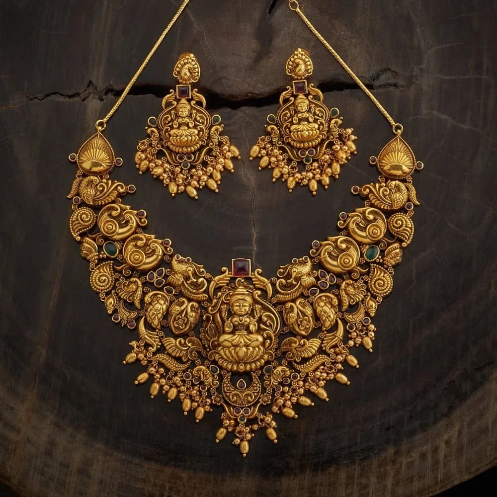 Gold-finish temple necklace and matching earrings bridal set